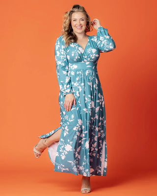 Kelsey Long Sleeve Maxi Dress in Aqua Blooms