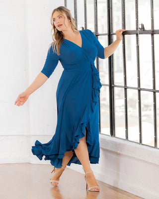 Veronica Ruffled Evening Gown in Aegean Blue