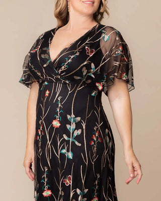 Embroidered Elegance Evening Gown in Onyx Meadow Print