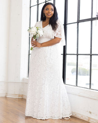 Clarissa Lace Flutter Sleeve Long Wedding Dress in Pearl