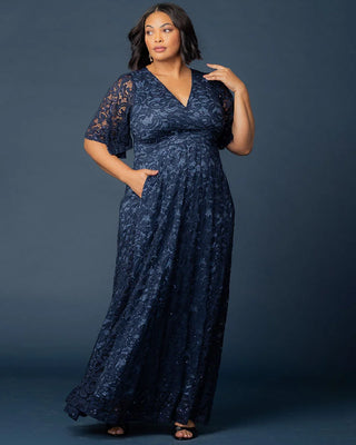 Luminous Sequin Lace Long Gown in Nocturnal Navy