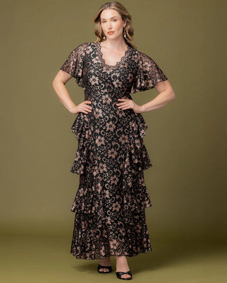 Mon Ange Tiered Lace Evening Gown in Rose Gold