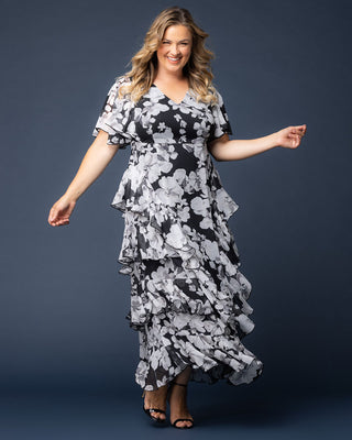 Tour de Flounce Chiffon Evening Gown in Grayscale Bloom