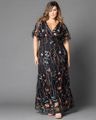 Embroidered Elegance Evening Gown in Onyx Meadow Print
