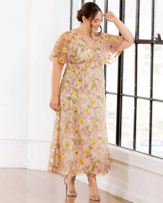 Embroidered Elegance Evening Gown in Sunkissed Garden Print