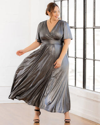 Evania Metallic Evening Gown in Pewter