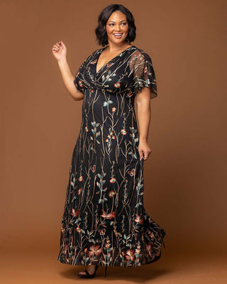Embroidered Elegance Evening Gown in Onyx Meadow Print