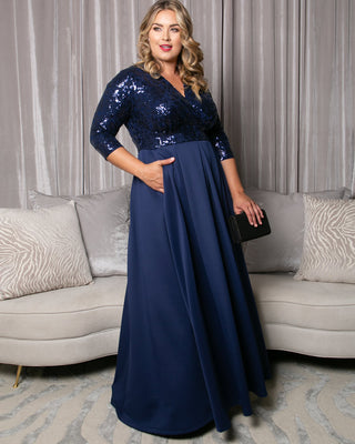 Paris Pleated Sequin Gown in Nocturnal Navy