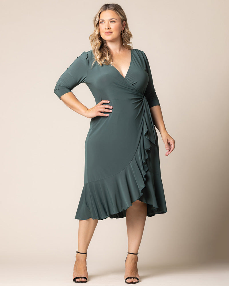Kiyonna Plus Size Whimsy Ruffled Midi Wrap Dress - Fern Green Kiyonna Plus Size Whimsy Ruffled Midi Wrap Dress - Fern Green