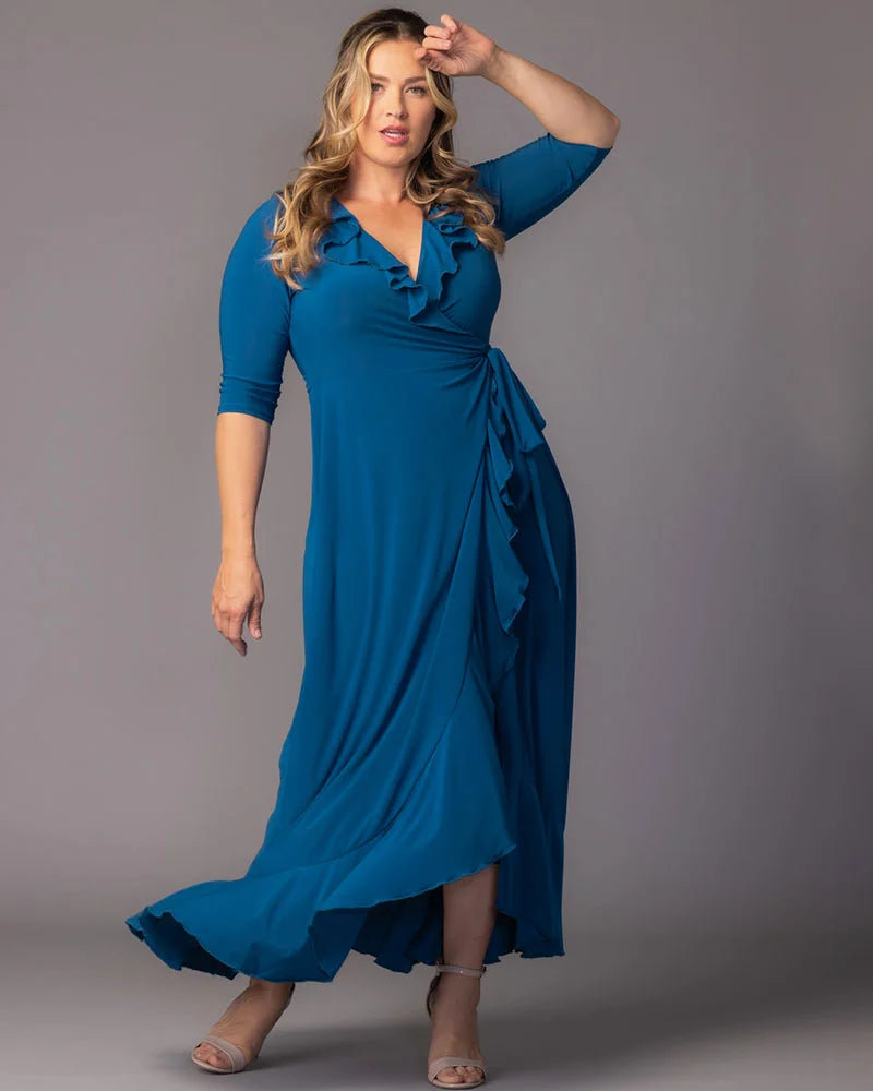 Kiyonna Plus Size Maritime Ruffle Maxi Dress with Sleeves - Aegean Blue Kiyonna Plus Size Maritime Ruffle Maxi Dress with Sleeves - Aegean Blue