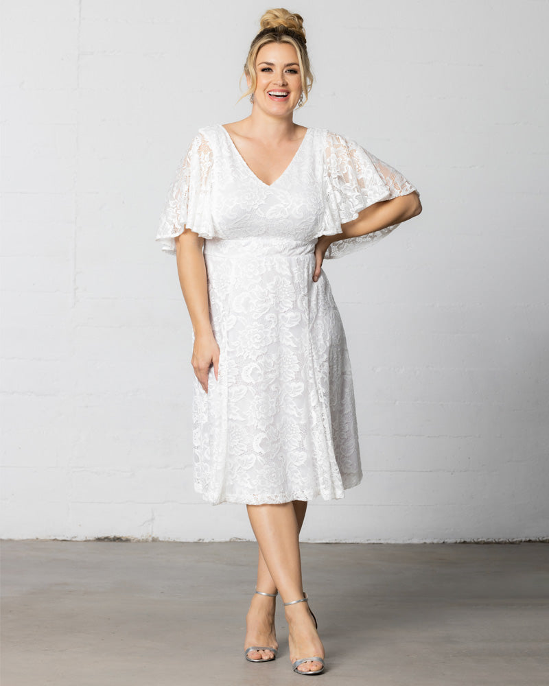 Kiyonna Plus Size Genevieve Lace Flutter Sleeve Midi Dress - Pearl Kiyonna Plus Size Genevieve Lace Flutter Sleeve Midi Dress - Pearl