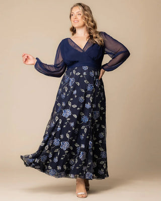 Isabella Embroidered Mesh Gown in Navy Blue Blooms