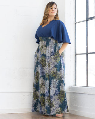 Avisa A-Line Evening Gown in Blue Impressionist Print