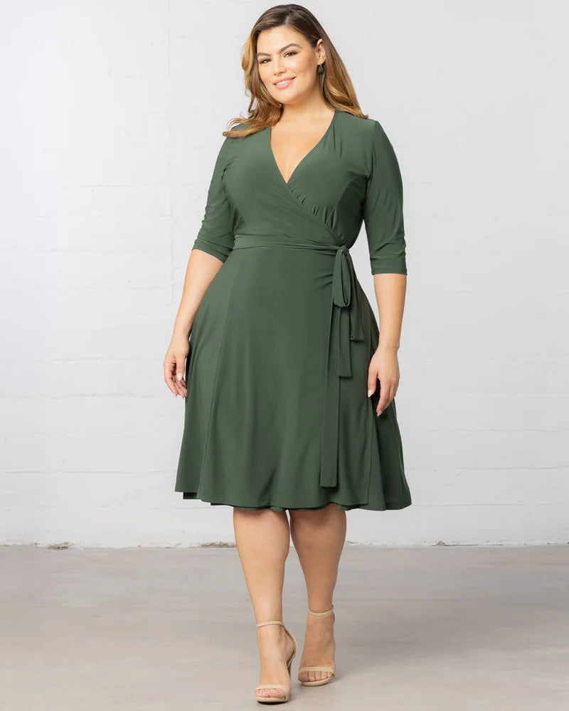 Kiyonna Plus Size Essential Wrap Dress with 3/4 Sleeves