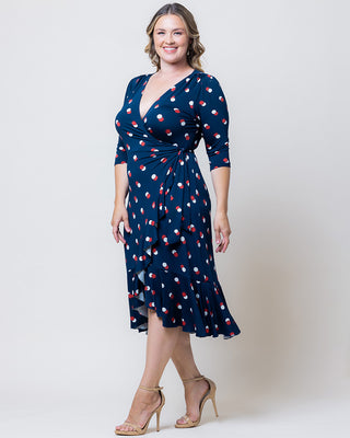 Flirty Flounce Wrap Dress in Navy Dot Duo