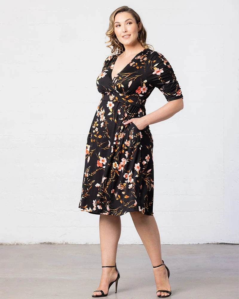 Kiyonna Plus Size Gabriella Ruched Sleeve Midi Dress with Pockets - Midnight garden Kiyonna Plus Size Gabriella Ruched Sleeve Midi Dress with Pockets - Midnight garden
