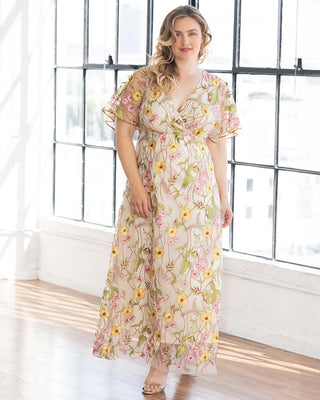 Embroidered Elegance Evening Gown in Sunkissed Garden Print