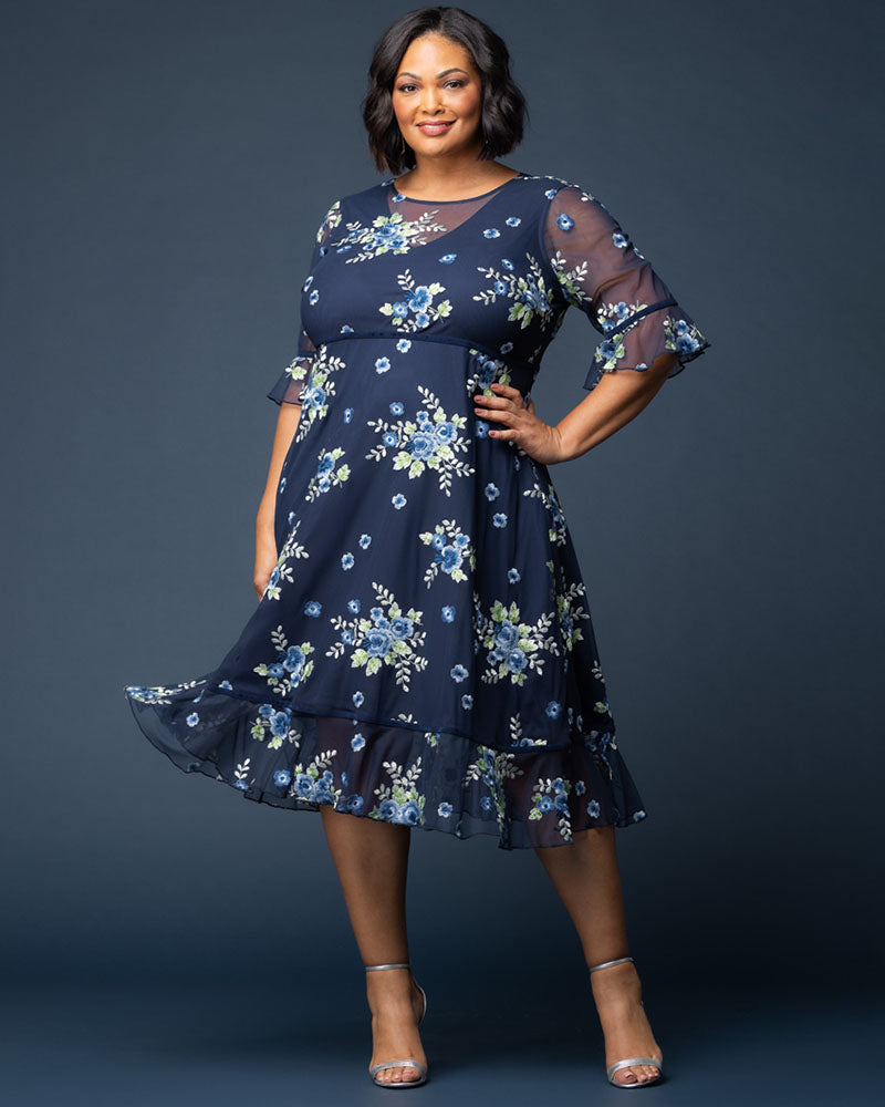 Kiyonna Plus Size Wildflower Embroidered Floral Mesh Dress - Glistening Blue Blooms Kiyonna Plus Size Wildflower Embroidered Floral Mesh Dress - Glistening Blue Blooms