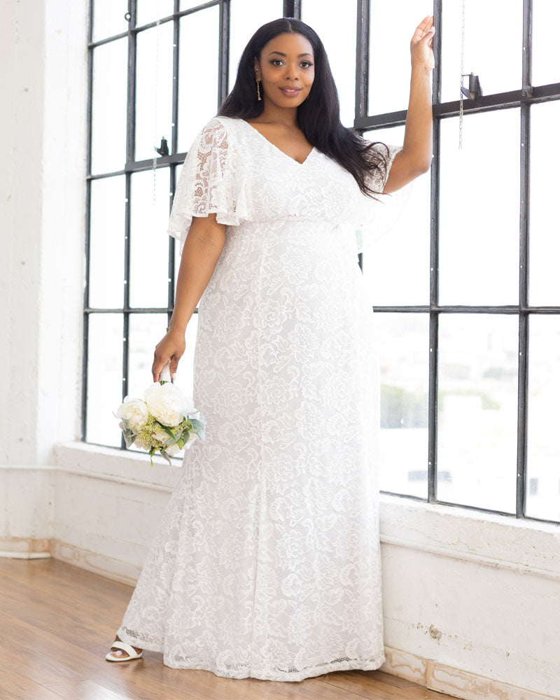 Kiyonna Plus Size Clarissa Lace Flutter Sleeve Long Wedding Dress