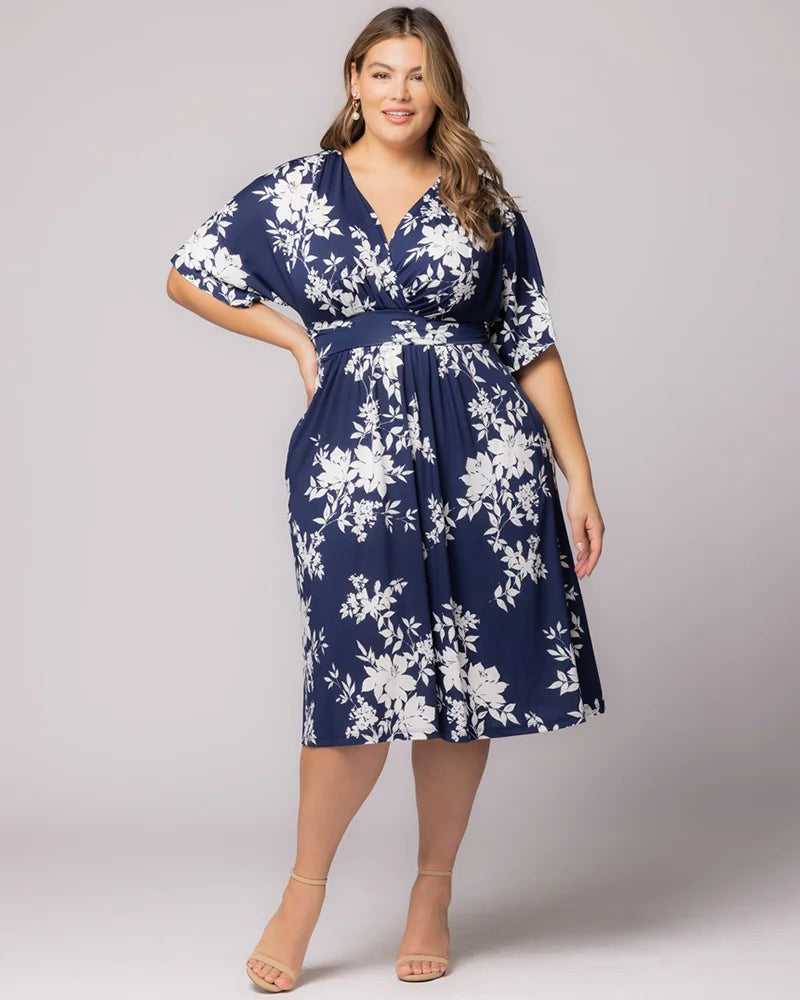 Kiyonna Plus Size Gia A-Line Midi Dress with Pockets - Navy Floral Print