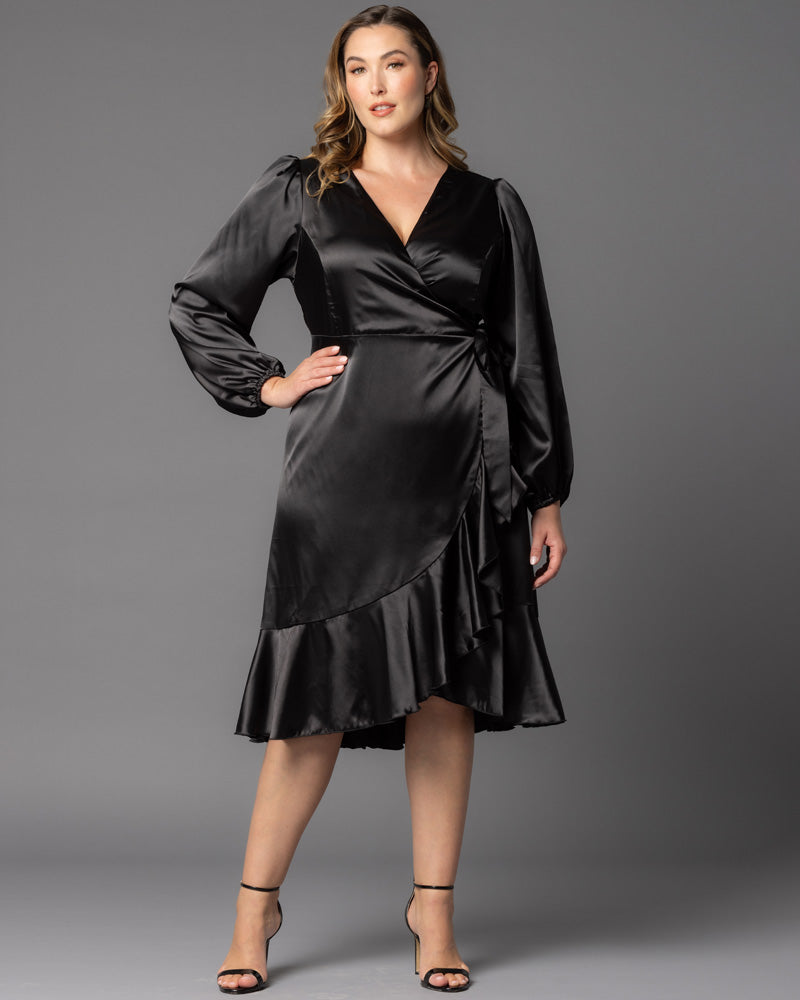 Women's Plus Size Serena Satin Long Sleeve Wrap Dress - Onyx Women's Plus Size Serena Satin Long Sleeve Wrap Dress - Onyx
