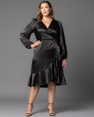 Serena Satin Ruffle Wrap Dress  in Onyx