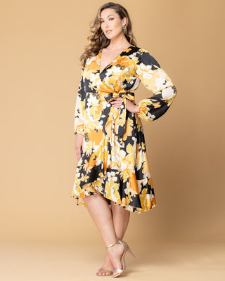 Serena Satin Ruffle Wrap Dress  in Sunset Blooms