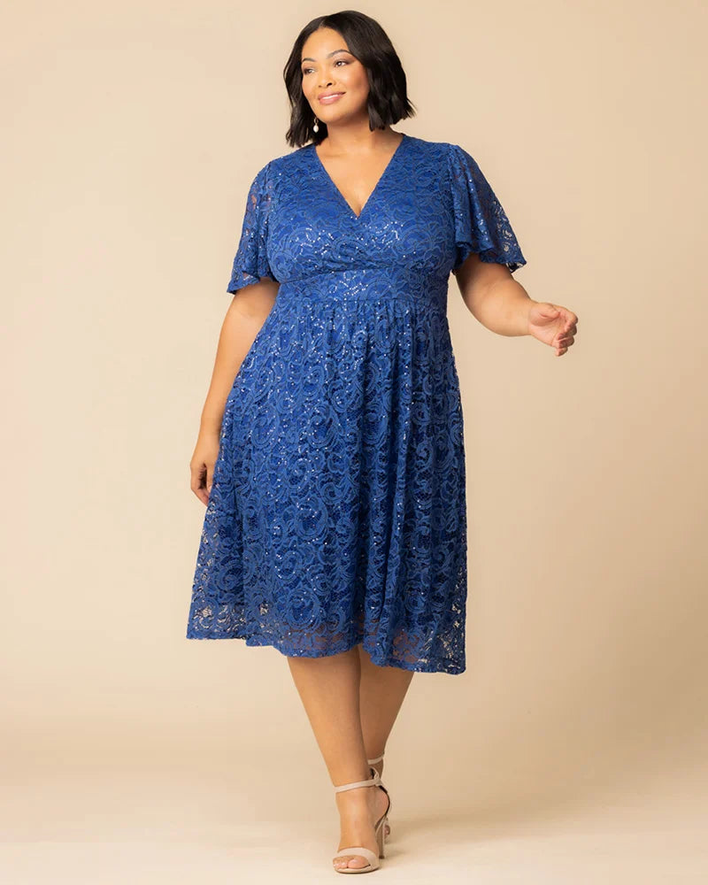 Kiyonna Plus Size Starry Sequin Lace Cocktail Dress - Sapphire