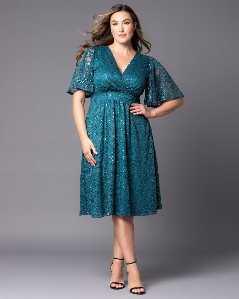 Kiyonna Plus Size Starry Sequin Lace Cocktail Dress - Teal Topaz Kiyonna Plus Size Starry Sequin Lace Cocktail Dress - Teal Topaz