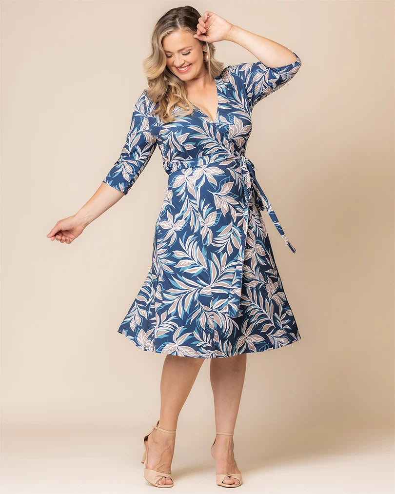 kiyonna sweetheart knit wrap dress Kiyonna Women's Plus Size Sweetheart Knit Wrap Dress with 3/4 Sleeves, Navy Blue, 0X
