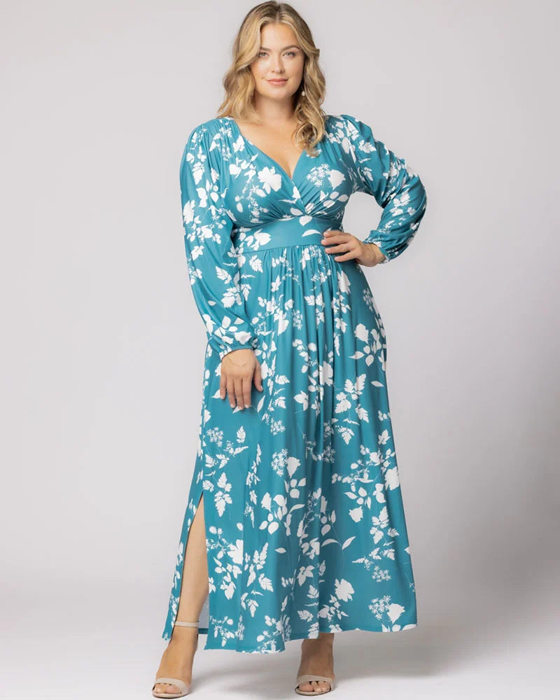 Kiyonna Plus Size Kelsey Long Sleeve Maxi Dress - Aqua Blooms Kiyonna Plus Size Kelsey Long Sleeve Maxi Dress - Aqua Blooms