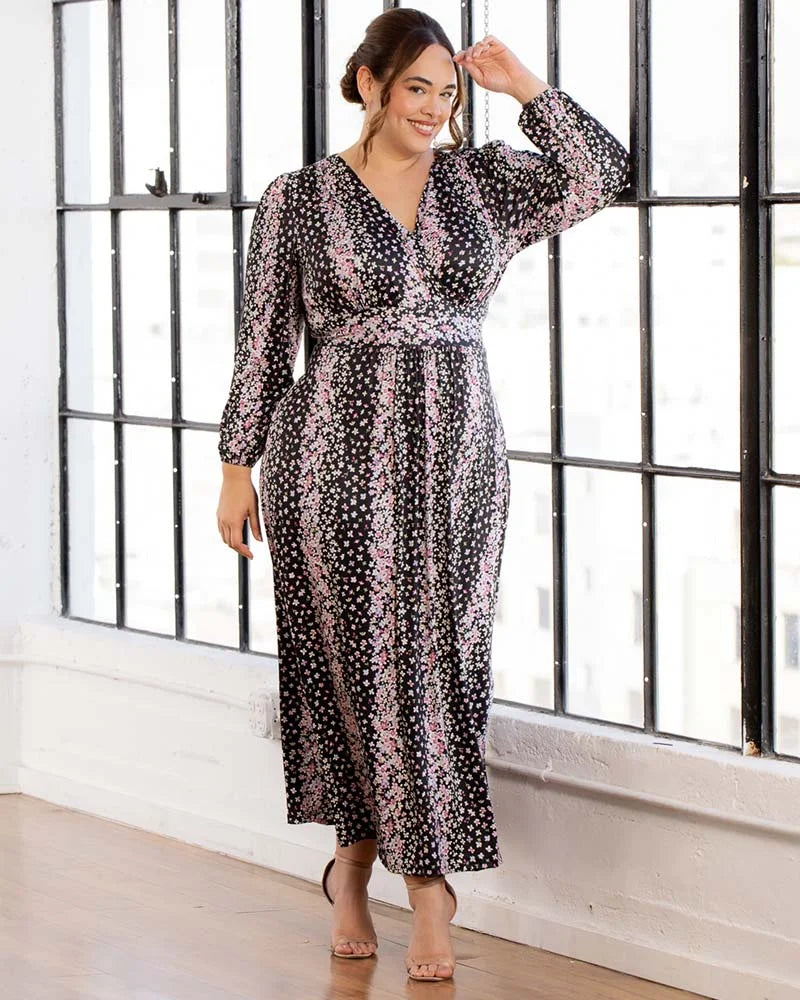 Kiyonna Plus Size Kelsey Long Sleeve Maxi Dress - Nightshade Floral Falls Kiyonna Plus Size Kelsey Long Sleeve Maxi Dress - Nightshade Floral Falls