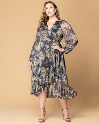 Clara Sparkling Long Sleeve Wrap Dress in Gilded Florals