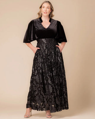 Radiant Opulence Evening Gown in Silver Damask Motif