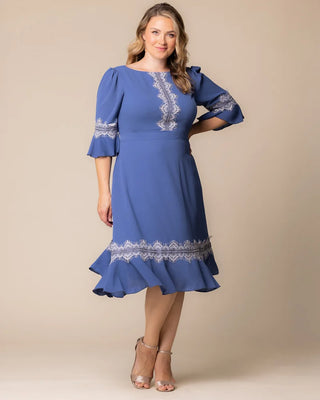 Villa Lace Trim Cocktail Dress in Slate Blue