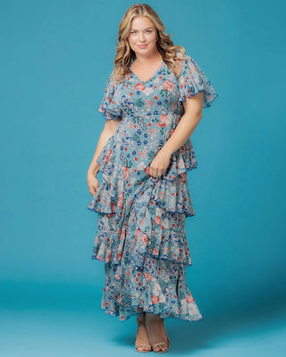 Tour de Flounce Chiffon Evening Gown in Blue Garden Print