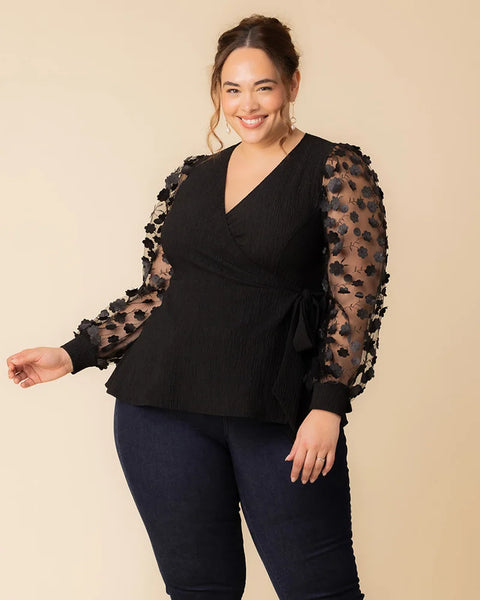 Kiyonna Plus Size Scattered Petals Long Sleeve Wrap Top Kiyonna Plus Size Scattered Petals Long Sleeve Wrap Top