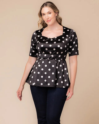 Posh Peplum Top in Black Polka Dot