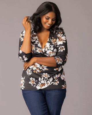 Femme Fatale Faux Wrap Top in Black Scattered Blooms