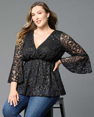 Sequin Sparkle Bell Sleeve Lace Top