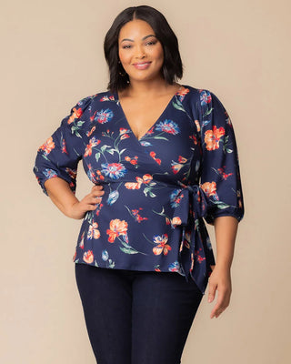 Nina Wrap Top in Vibrant Navy Florals