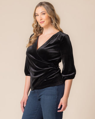 Odette Velvet Faux Wrap Top in Onyx
