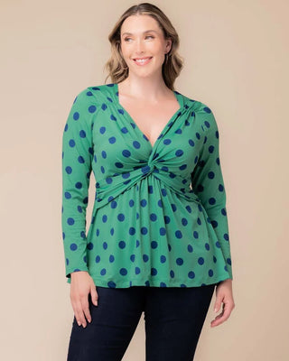 Abigail Long Sleeve Twist Top in Green Polka Dot