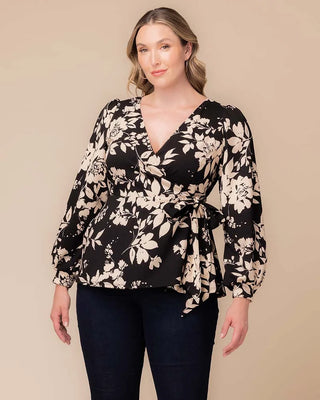 Natasha Long Sleeve Wrap Top in Vintage Ivory Florals