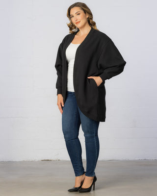 Open Front Faux Fur Cardigan with Pockets in Black