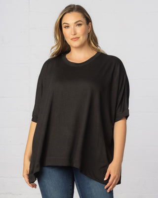 Mid-Length Sleeve Asymmetrical Cape Top in Black