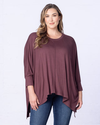 Long Sleeved Hi-Lo Cape Tunic Top in Plum Passion