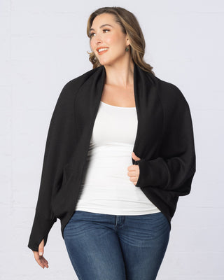 Dolman-Sleeved Shawl Cardigan with Thumbholes in Black