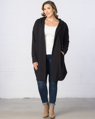 Open Front Longline Hooded Cardigan in Black