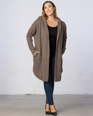 Open Front Longline Hooded Cardigan in Cocoa